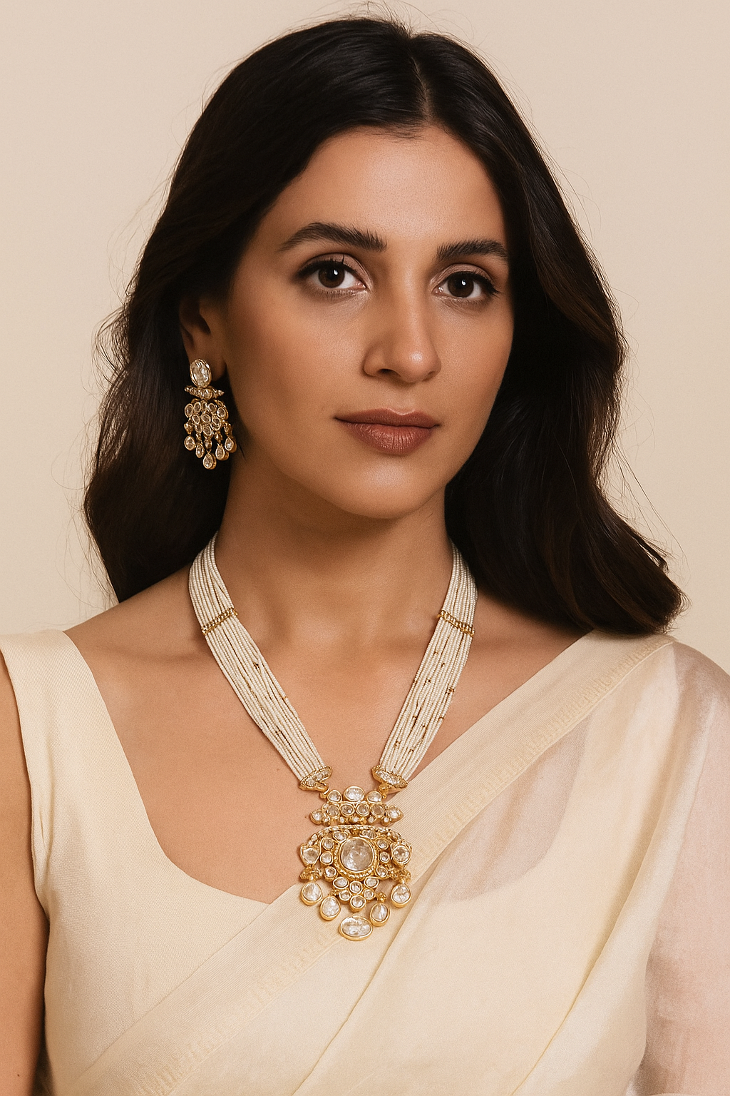 Elegant Pink Kundan Pearl Necklace Set with Long Earrings